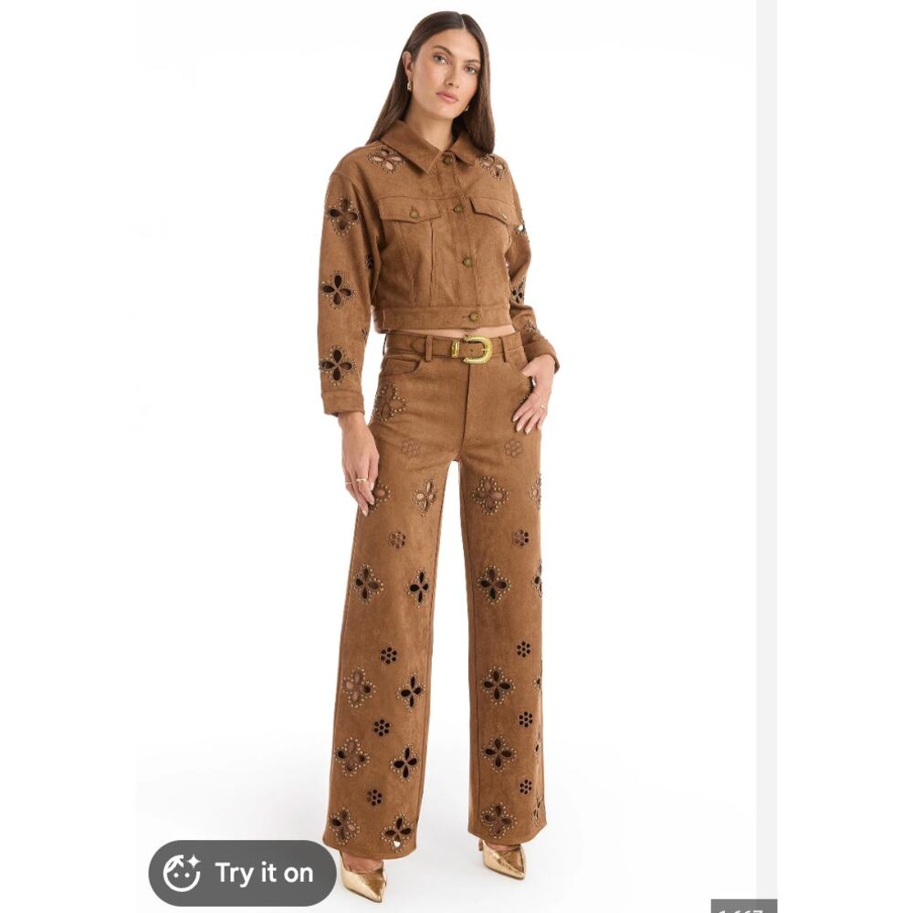 The Noli Shop Set Women XS 26 Kaia Suede Jacket Jeans Studded Brown Western Boho